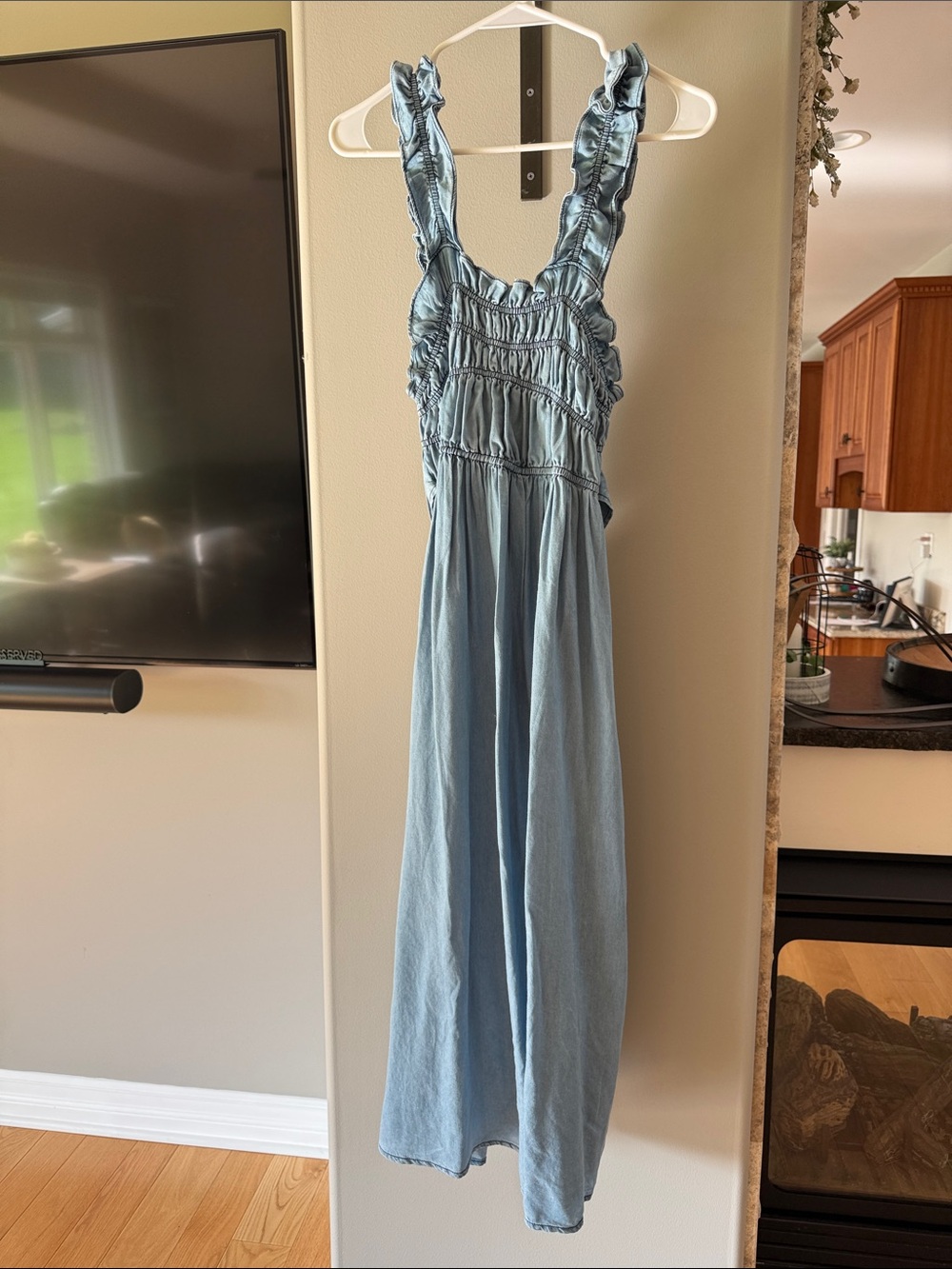 Polagram Light Blue Ruffle-Shoulder Maxi Dress